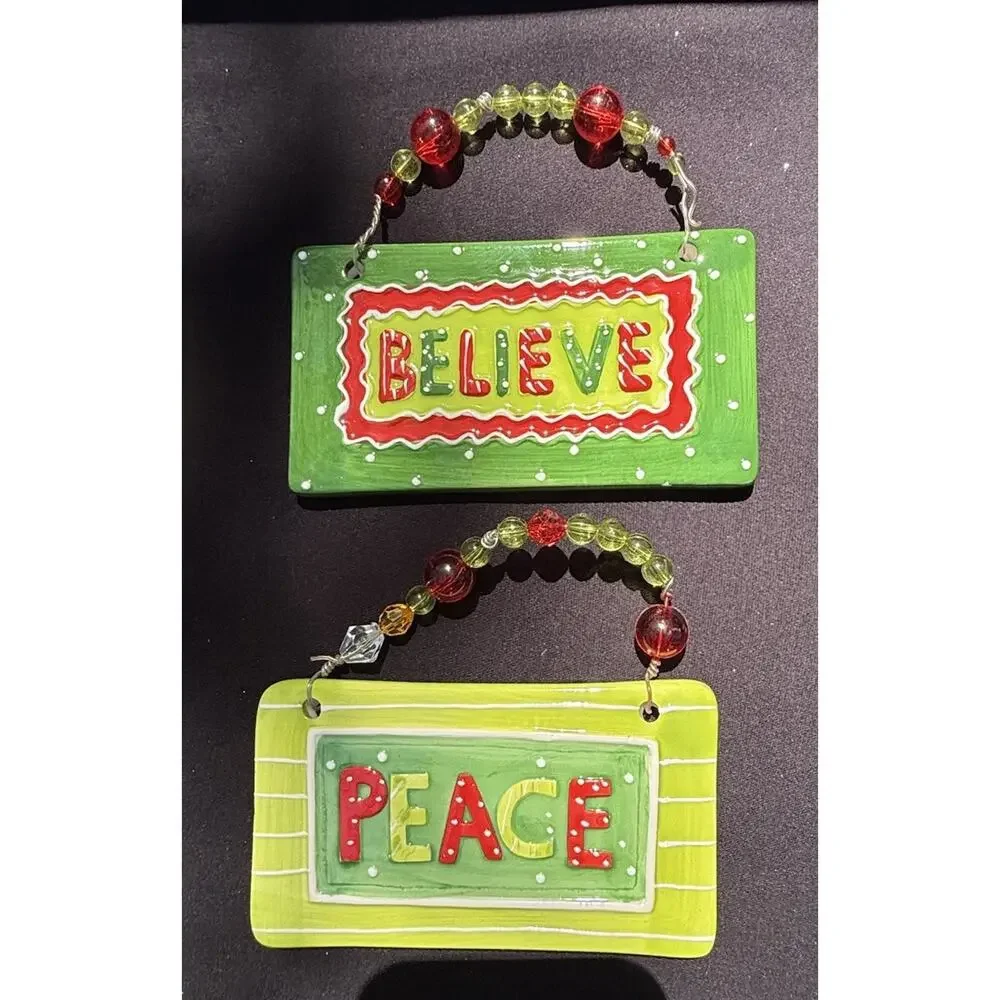 Mingle Jingle Country “Believe” & “Peace” Ceramic Christmas Ornaments -K1